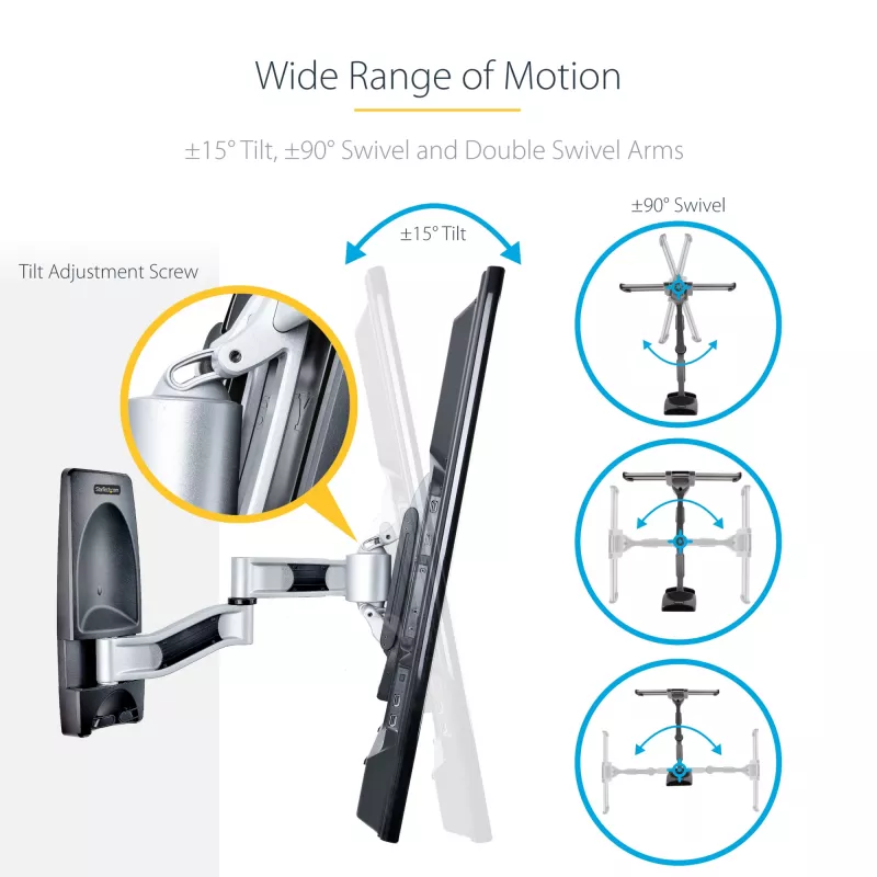 StarTech.com Suporte de parede para TV articulado, suporte de parede VESA, compatível com televisores de 26 a 65 polegadas/99 lb/planos/curvos, suporte de parede plano extensível para TV, suporte de parede de canto ajustável para TV