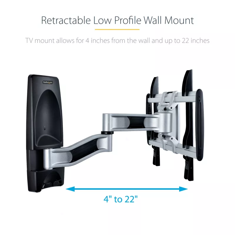 StarTech.com Suporte de parede para TV articulado, suporte de parede VESA, compatível com televisores de 26 a 65 polegadas/99 lb/planos/curvos, suporte de parede plano extensível para TV, suporte de parede de canto ajustável para TV