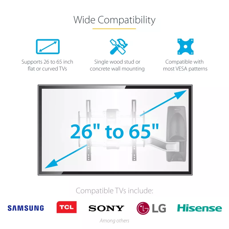 StarTech.com Suporte de parede para TV articulado, suporte de parede VESA, compatível com televisores de 26 a 65 polegadas/99 lb/planos/curvos, suporte de parede plano extensível para TV, suporte de parede de canto ajustável para TV
