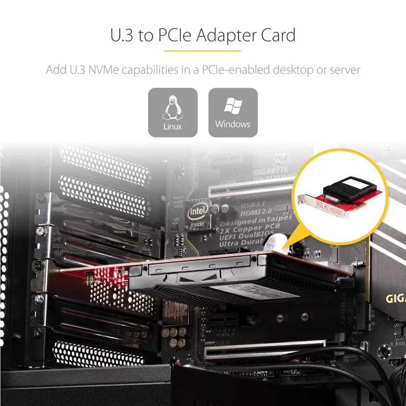 StarTech.com placa adaptadora de U.3 para PCIe, adaptador PCIe 4.0 x4 para SSD NVMe U.3 de 2,5 polegadas, placa de expansão PCI Express SFF-TA-1001 para desktops/servidores, em conformidade com TAA – independente do sistema operativo