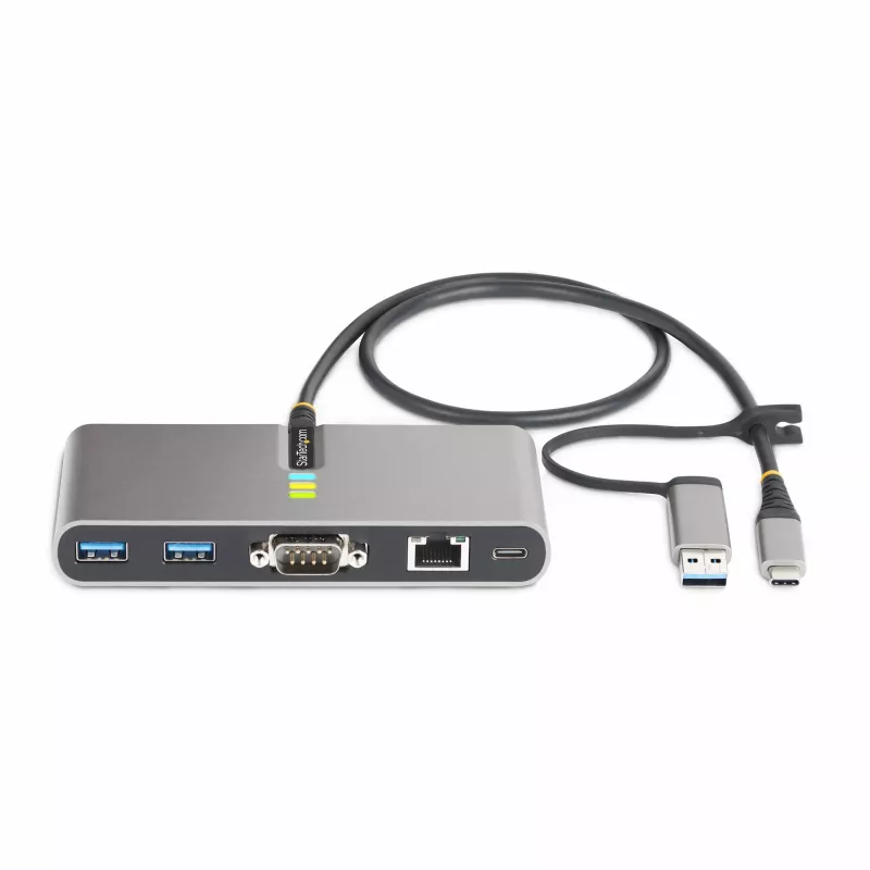 StarTech.com Hub USB-C de 2 portas com Ethernet e RS-232, dongle USB-C para USB-A acoplado, pass-through 100 W PD, 2x USB-A 5 Gbit/s, Ethernet Gigabit, RS232 Série (FTDI)
