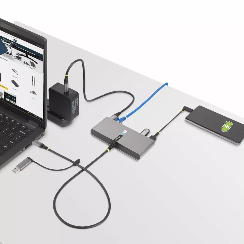 StarTech.com Hub USB-C de 2 portas com Ethernet e RS-232, dongle USB-C para USB-A acoplado, pass-through 100 W PD, 2x USB-A 5 Gbit/s, Ethernet Gigabit, RS232 Série (FTDI)