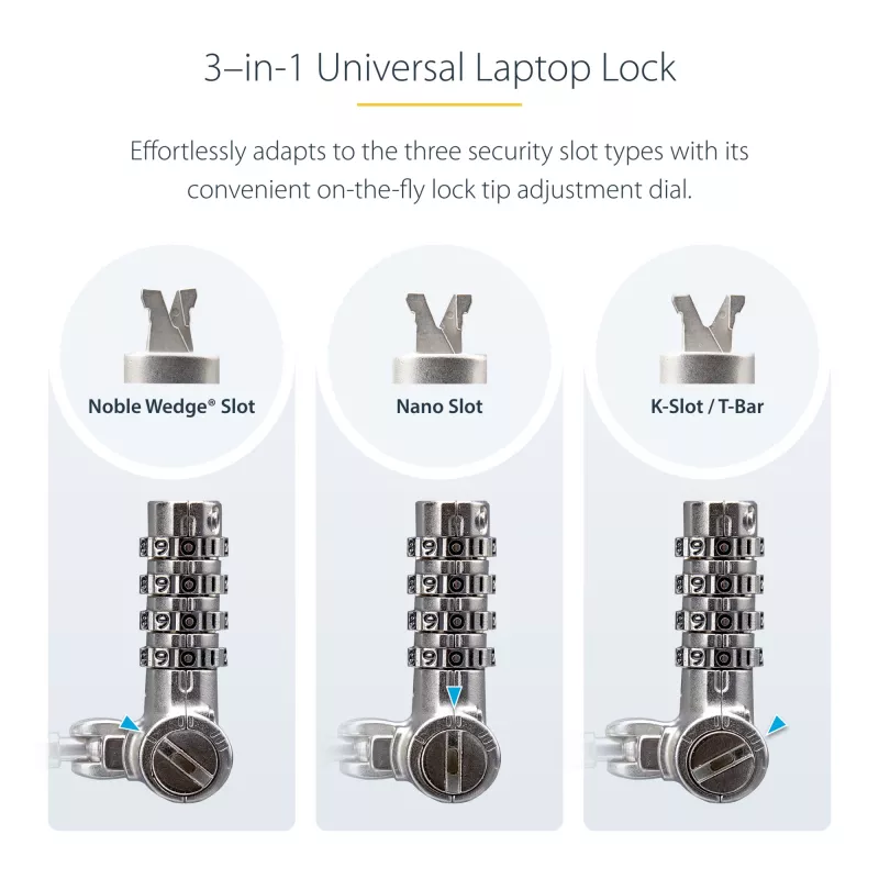 StarTech.com Cabo de segurança universal para portátil de 2 m, cabo de segurança para portáteis compatível com Noble Wedge®/Nano/K-Slot; cabo de fechadura de combinação sem chave, cabo de aço antifurto resistente a cortes