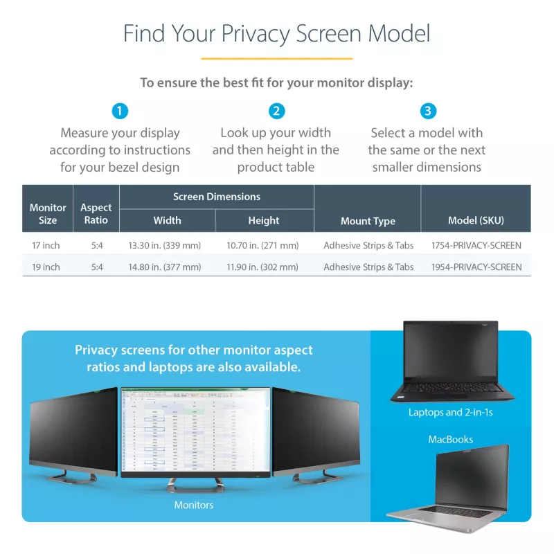 StarTech.com Filtro de privacidade para monitor de computador 19 polegadas 5:4, película de privacidade antirreflexo com redução de 51% de luz azul, protetor de ecrã para monitor com ângulo de visualização de +/- 30°