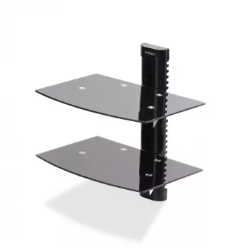StarTech.com Prateleiras de parede flutuantes duplas para equipamentos AV, prateleira de altura ajustável para debaixo da TV, organização de equipamentos A/V em prateleiras de vidro temperado preto