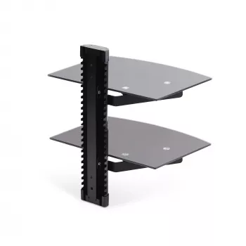 StarTech.com Prateleiras de parede flutuantes duplas para equipamentos AV, prateleira de altura ajustável para debaixo da TV, organização de equipamentos A/V em prateleiras de vidro temperado preto