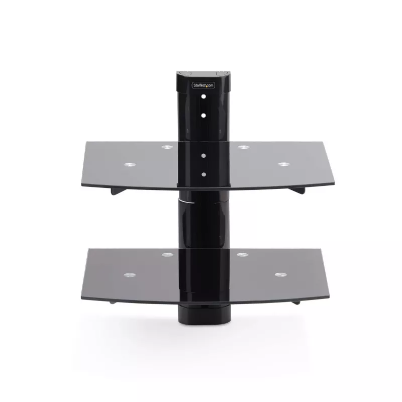 StarTech.com Prateleiras de parede flutuantes duplas para equipamentos AV, prateleira de altura ajustável para debaixo da TV, organização de equipamentos A/V em prateleiras de vidro temperado preto