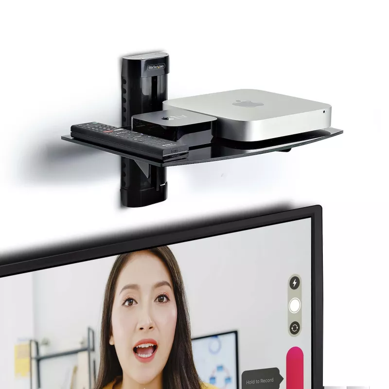 StarTech.com Prateleira AV flutuante de parede, prateleira de altura ajustável para debaixo da TV, organização de equipamentos A/V em prateleira de vidro temperado preto