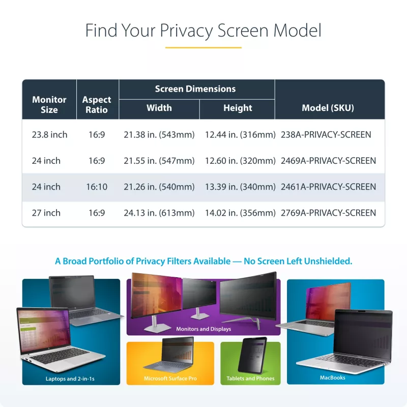 Filtro de privacidade para monitor de computador StarTech.com 24 polegadas 16:10, filtro de acrílico suspenso, proteção de ecrã de instalação rápida, proteção de ecrã para monitor, ângulo de visualização +/- 30°, brilhante