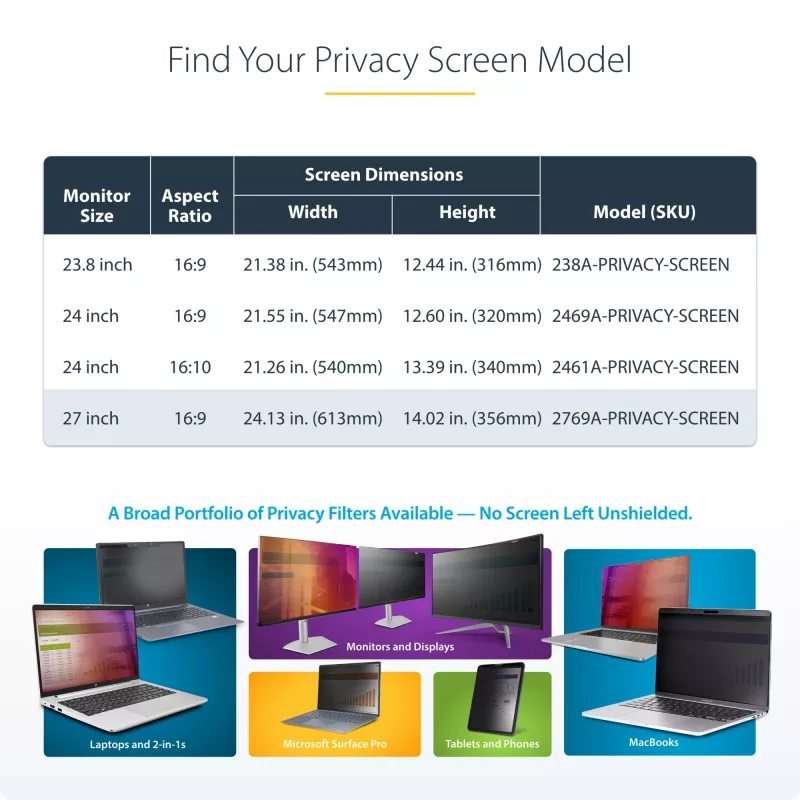 Película de privacidade para monitor de computador StarTech.com 27 polegadas 16:9, filtro de acrílico suspenso, proteção de segurança de instalação rápida, proteção de ecrã para monitor, ângulo de visualização ±30°, brilhante