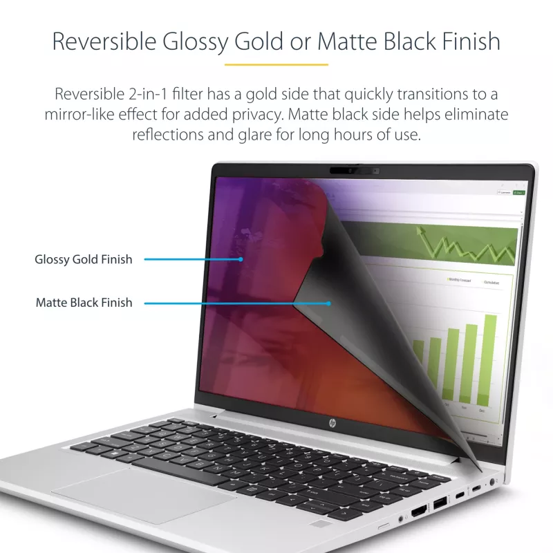 Película de privacidade para portátil StarTech.com 35,6 cm (14 polegadas) 16:9, filtro Gold reversível com privacidade melhorada, filtro de segurança para computador, proteção de ecrã removível, +/- 30°