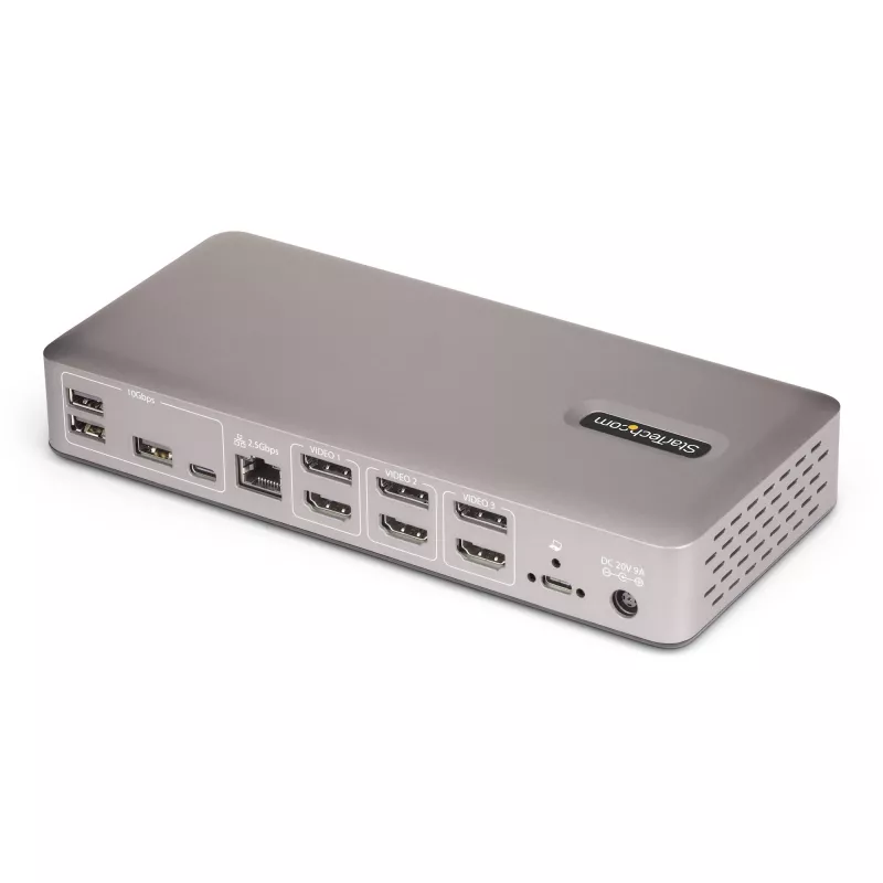 Docking station USB4 StarTech.com para três monitores, 4K 60Hz HDMI ou DisplayPort, carregamento de portátil 100W, 2,5GbE, dock USB-C multi-monitor, sem drivers