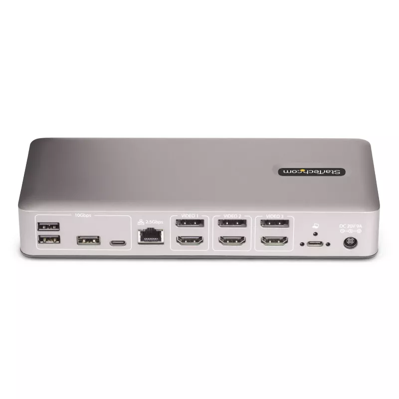 Docking station USB4 StarTech.com para três monitores, 4K 60Hz HDMI ou DisplayPort, carregamento de portátil 100W, 2,5GbE, dock USB-C multi-monitor, sem drivers