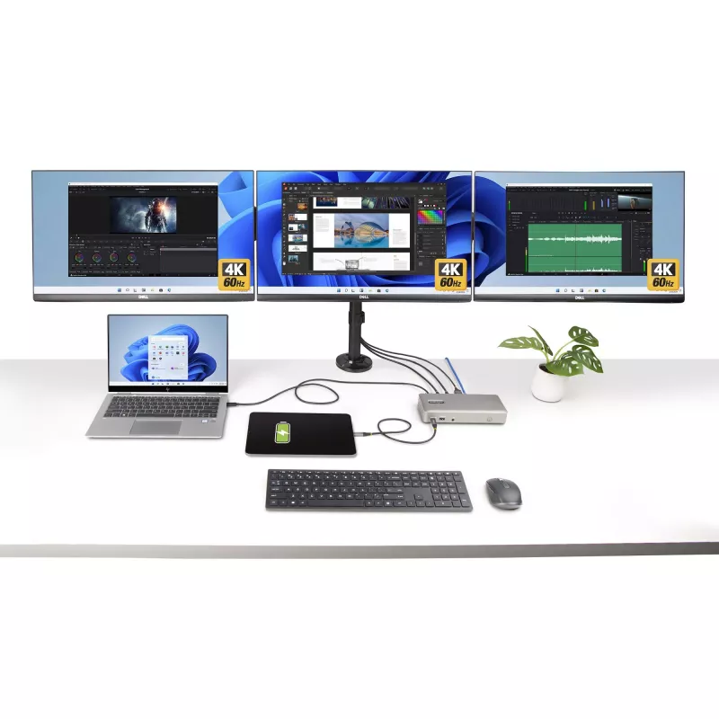 Docking station USB4 StarTech.com para três monitores, 4K 60Hz HDMI ou DisplayPort, carregamento de portátil 100W, 2,5GbE, dock USB-C multi-monitor, sem drivers