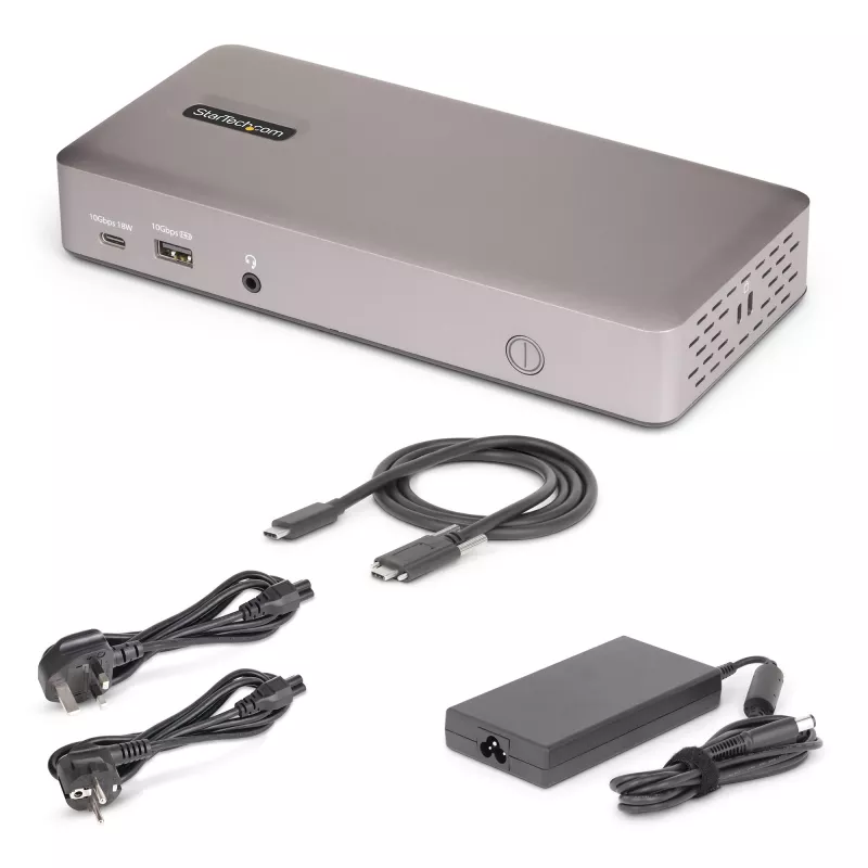 Docking station USB4 StarTech.com para três monitores, 4K 60Hz HDMI ou DisplayPort, carregamento de portátil 100W, 2,5GbE, dock USB-C multi-monitor, sem drivers