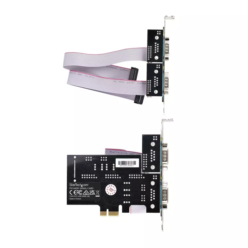 Placa PCIe serial StarTech.com de 4 portas, placa serial PCI Express quad-port para RS232/RS422/RS485 (DB9), suporte low-profile incl., UART 16C1050, Windows/Linux, conforme TAA – proteção ESD nível 4