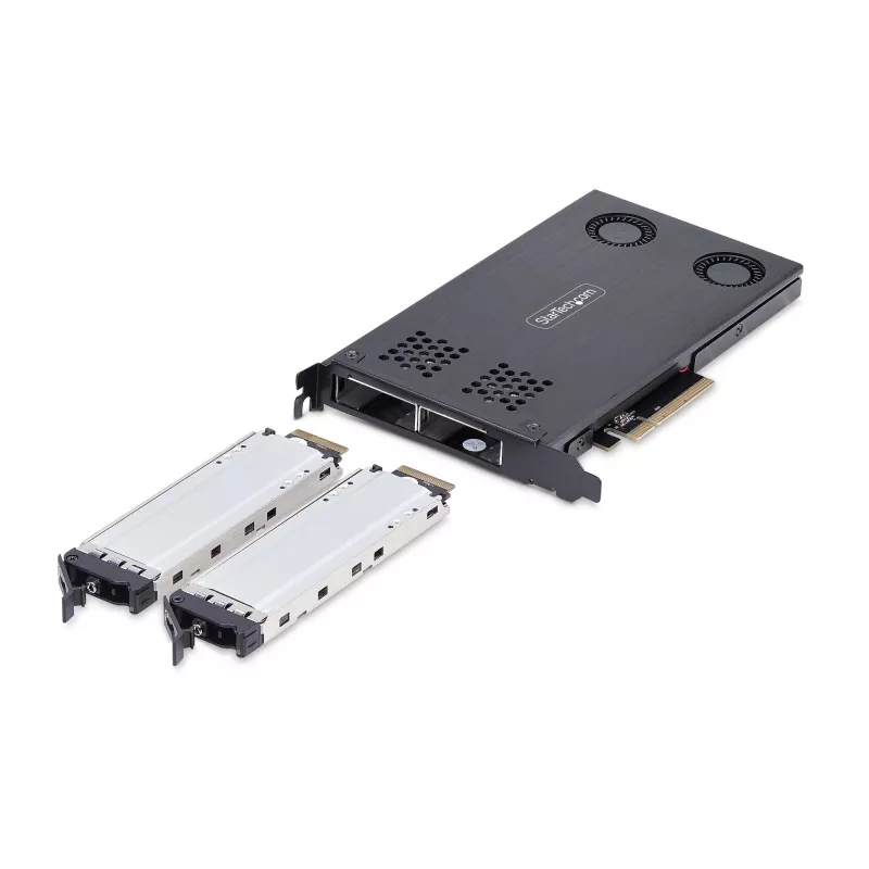Baía de troca StarTech.com Dual-Bay M.2 NVMe SSD para PCIe x8; bifurcação necessária; instalação sem ferramentas, backplane PCIe com duas baías de disco hot-swap