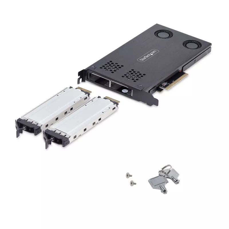 Baía de troca StarTech.com Dual-Bay M.2 NVMe SSD para PCIe x8; bifurcação necessária; instalação sem ferramentas, backplane PCIe com duas baías de disco hot-swap