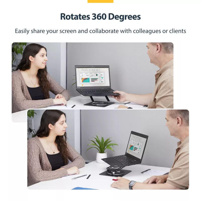 Suporte de portátil giratório StarTech.com, rotação 360°, elevador ergonómico de secretária para computador, plataforma elevada com inclinação ajustável, máx. 5 kg, estrutura em alumínio, design portátil