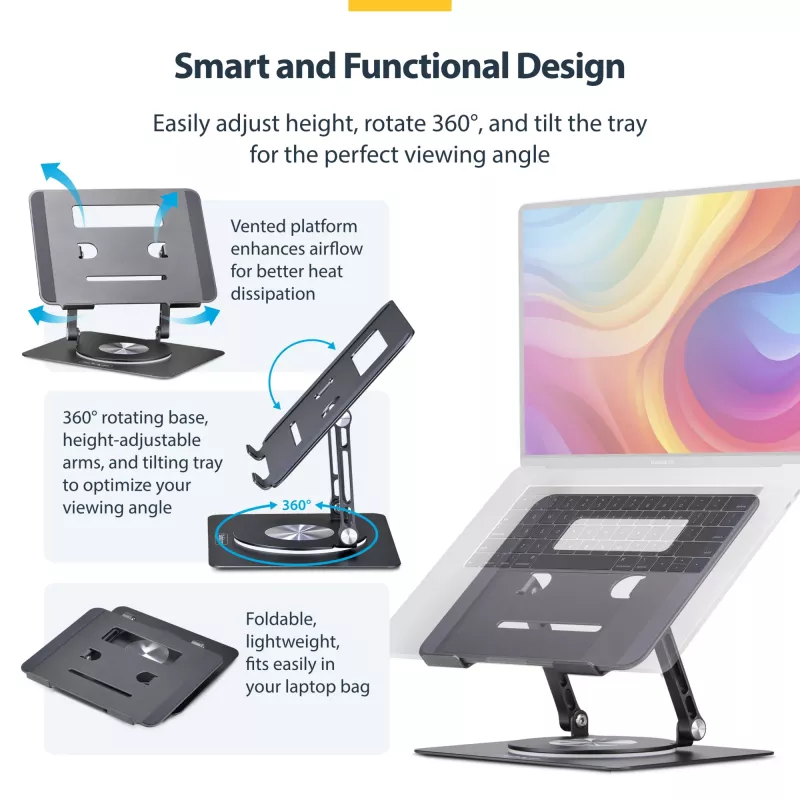 Suporte de portátil giratório StarTech.com, rotação 360°, elevador ergonómico de secretária para computador, plataforma elevada com inclinação ajustável, máx. 5 kg, estrutura em alumínio, design portátil