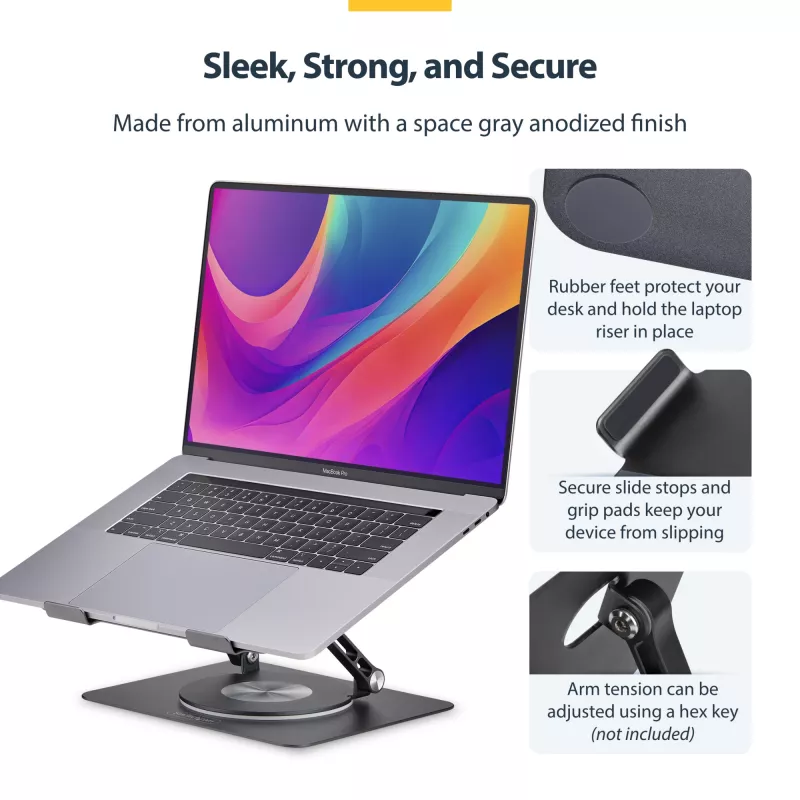 Suporte de portátil giratório StarTech.com, rotação 360°, elevador ergonómico de secretária para computador, plataforma elevada com inclinação ajustável, máx. 5 kg, estrutura em alumínio, design portátil
