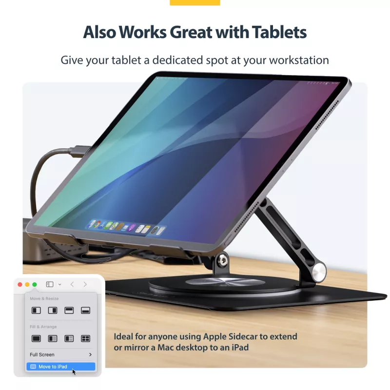 Suporte de portátil giratório StarTech.com, rotação 360°, elevador ergonómico de secretária para computador, plataforma elevada com inclinação ajustável, máx. 5 kg, estrutura em alumínio, design portátil