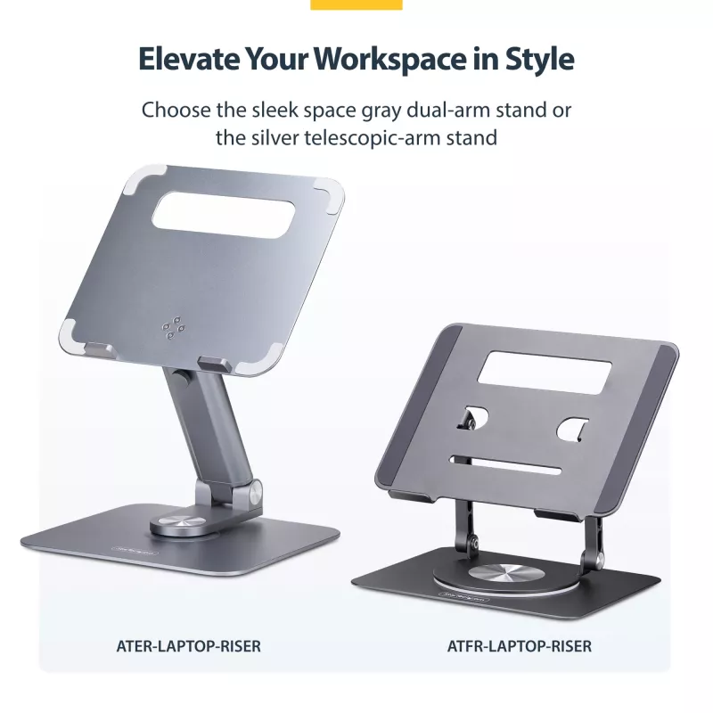 Suporte de portátil giratório StarTech.com, rotação 360°, elevador ergonómico de secretária para computador, plataforma elevada com inclinação ajustável, máx. 5 kg, estrutura em alumínio, design portátil