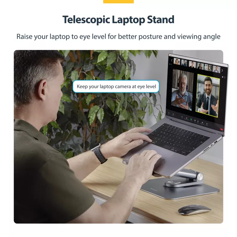 Suporte de portátil telescópico StarTech.com, base giratória 360°, elevador de computador rotativo para secretária, altura e inclinação ajustáveis, máx. 5 kg, acabamento em alumínio, design portátil