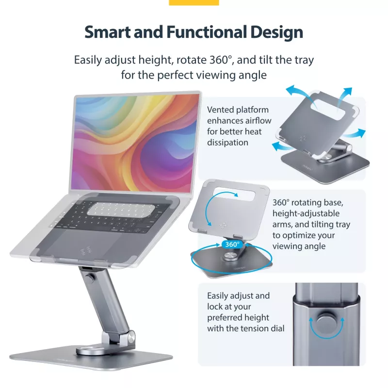 Suporte de portátil telescópico StarTech.com, base giratória 360°, elevador de computador rotativo para secretária, altura e inclinação ajustáveis, máx. 5 kg, acabamento em alumínio, design portátil