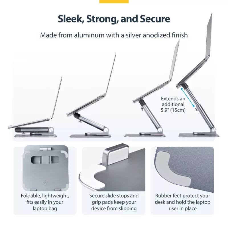 Suporte de portátil telescópico StarTech.com, base giratória 360°, elevador de computador rotativo para secretária, altura e inclinação ajustáveis, máx. 5 kg, acabamento em alumínio, design portátil