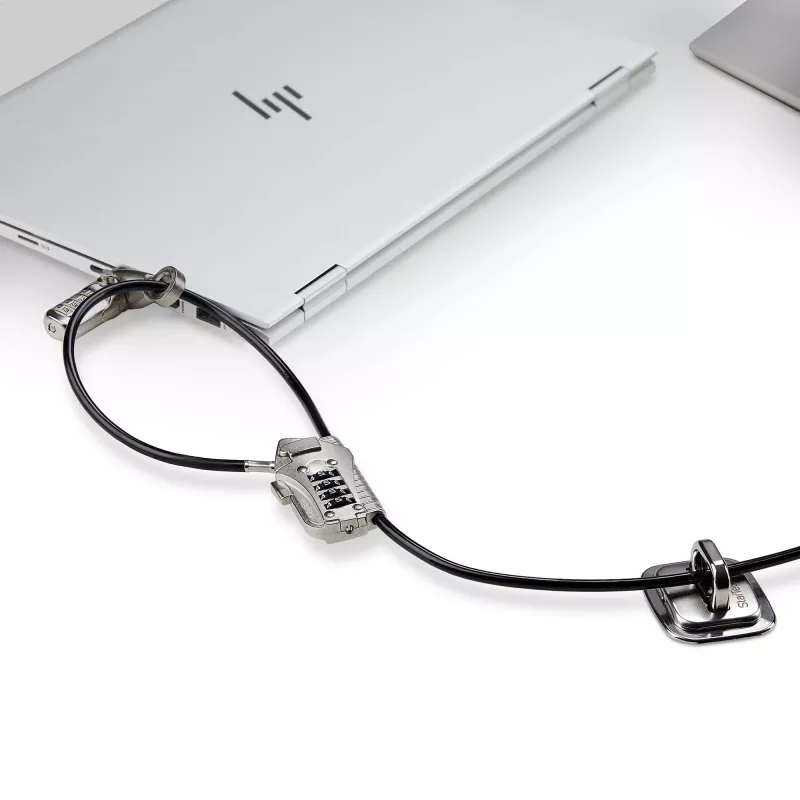 Kit de bloqueio StarTech.com para portátil/desktop e periféricos, fechadura de segurança antifurto, ranhura K, cabo de aço de 9,8 pés (3 m), 3 dispositivos, código de 4 dígitos personalizável – TAA