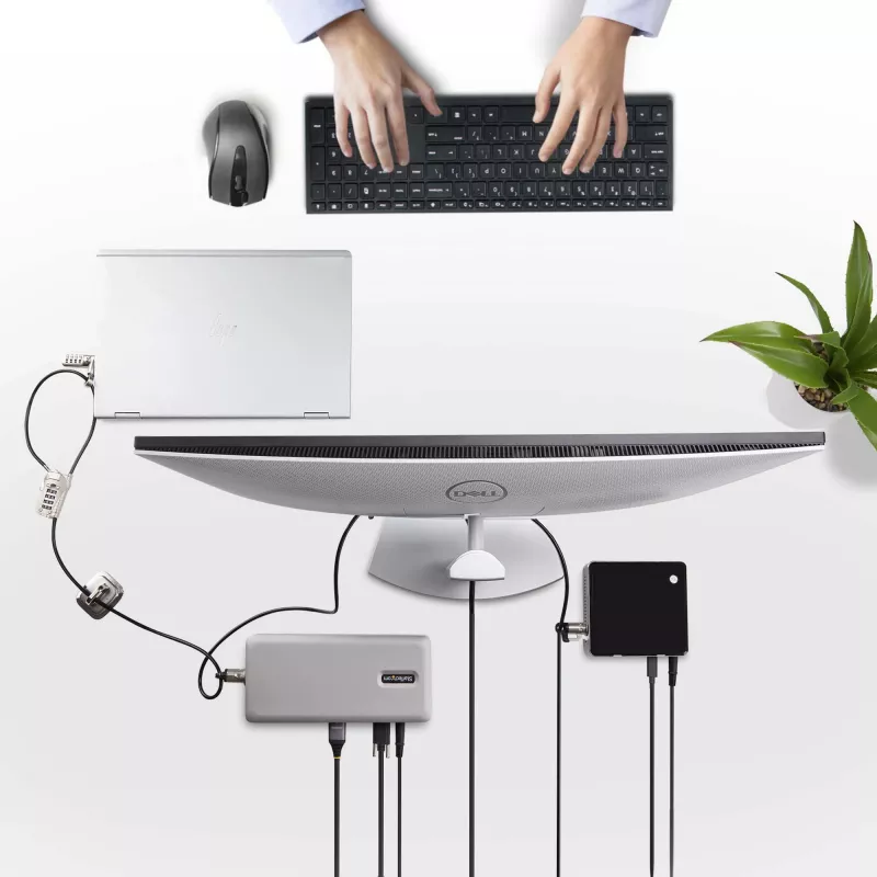 Kit de bloqueio StarTech.com para portátil/desktop e periféricos, fechadura de segurança antifurto, ranhura K, cabo de aço de 9,8 pés (3 m), 3 dispositivos, código de 4 dígitos personalizável – TAA