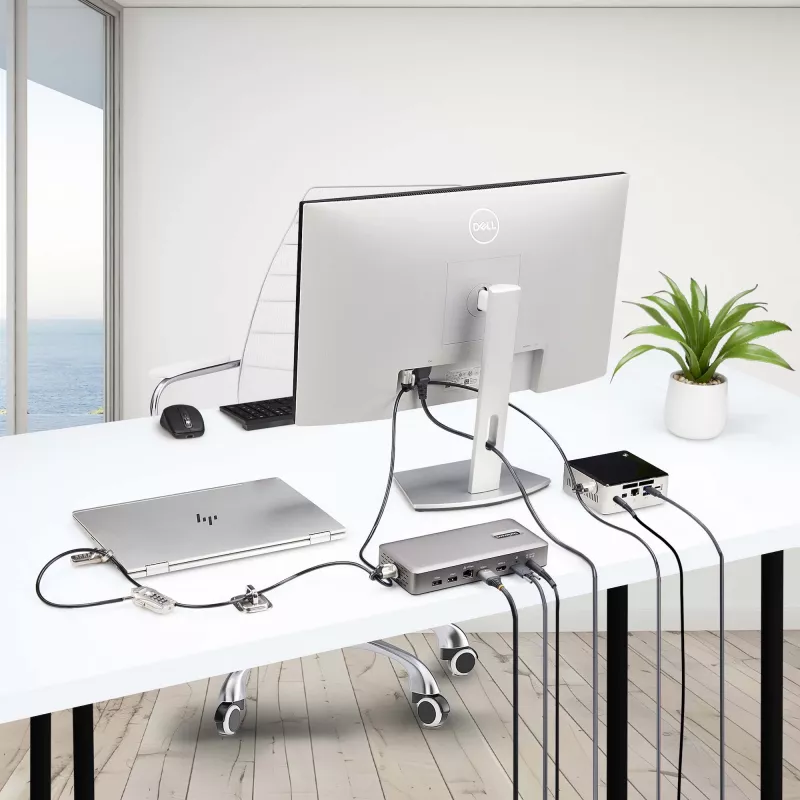 Kit de bloqueio StarTech.com para portátil/desktop e periféricos, fechadura de segurança antifurto, ranhura K, cabo de aço de 9,8 pés (3 m), 3 dispositivos, código de 4 dígitos personalizável – TAA