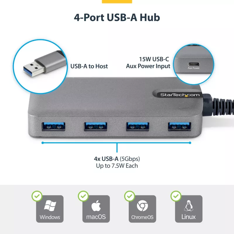 Hub USB-A StarTech.com 4 portas, 5 Gbit/s, alimentado pelo bus, hub USB-A para 4x USB-A com entrada de alimentação auxiliar USB-C, cabo host de 30 cm, hub USB portátil para desktop/portátil