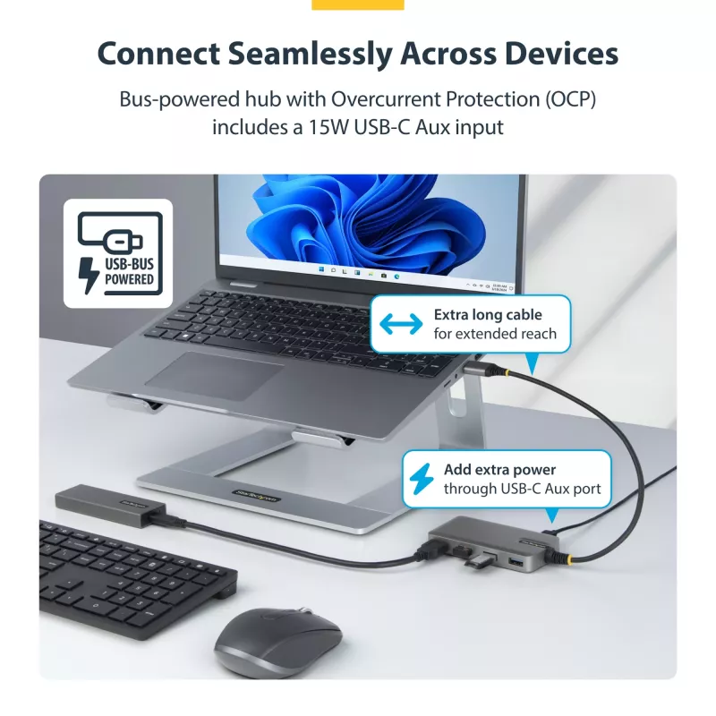 Hub USB-A StarTech.com 4 portas, 5 Gbit/s, alimentado pelo bus, hub USB-A para 4x USB-A com entrada de alimentação auxiliar USB-C, cabo host de 30 cm, hub USB portátil para desktop/portátil