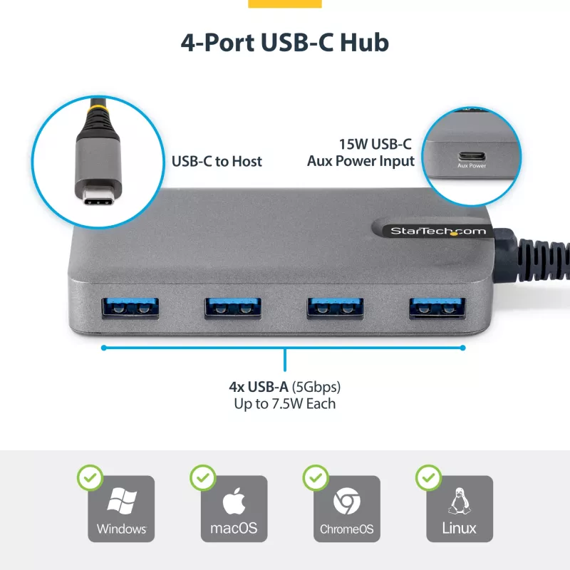 Hub USB-C StarTech.com 4 portas, 5 Gbit/s, alimentado pelo bus, hub USB-C para 4x USB-A com entrada de alimentação auxiliar USB-C, cabo host de 1ft/30cm, hub USB portátil para desktop/portátil