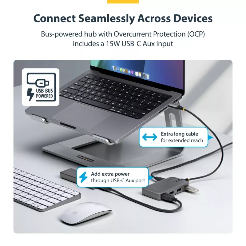 Hub USB-C StarTech.com 4 portas, 5 Gbit/s, alimentado pelo bus, hub USB-C para 4x USB-A com entrada de alimentação auxiliar USB-C, cabo host de 1ft/30cm, hub USB portátil para desktop/portátil