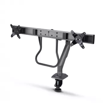 Suporte de secretária StarTech.com braço duplo para monitor com barra transversal, para ecrãs até 27 polegadas, VESA 75x75/100x100, máx. 33 lb/15 kg, aperto em C, totalmente articulado, mola mecânica, TAA