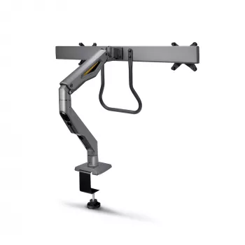 Suporte de secretária StarTech.com braço duplo para monitor com barra transversal, para ecrãs até 27 polegadas, VESA 75x75/100x100, máx. 33 lb/15 kg, aperto em C, totalmente articulado, mola mecânica, TAA