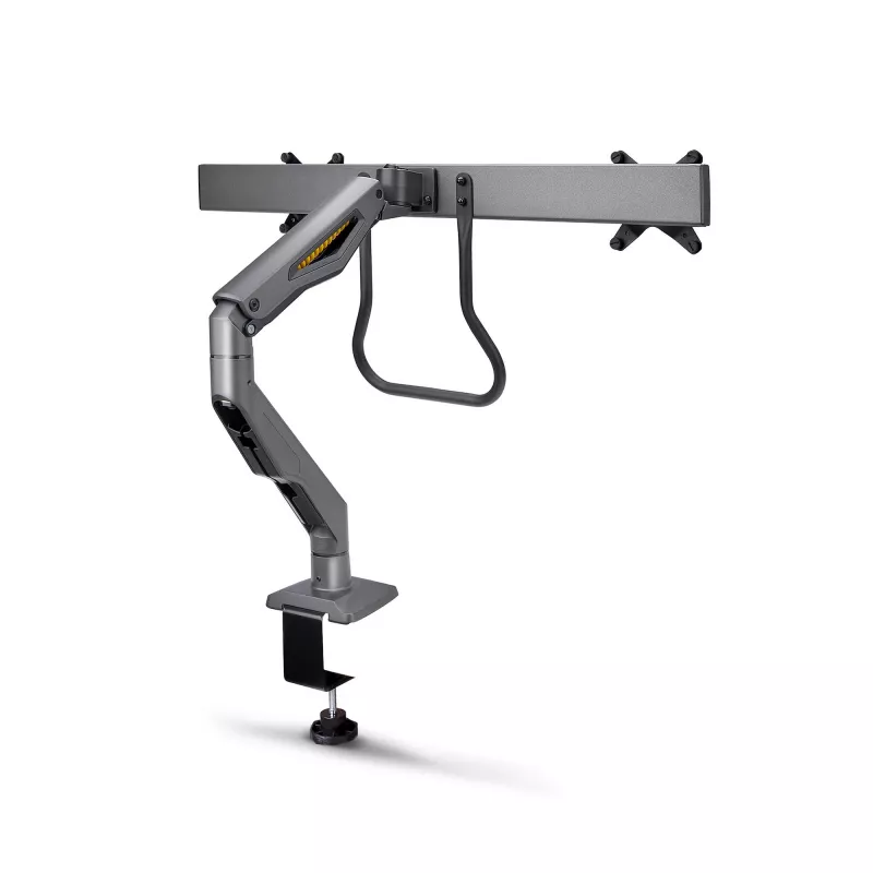 Suporte de secretária StarTech.com braço duplo para monitor com barra transversal, para ecrãs até 27 polegadas, VESA 75x75/100x100, máx. 33 lb/15 kg, aperto em C, totalmente articulado, mola mecânica, TAA