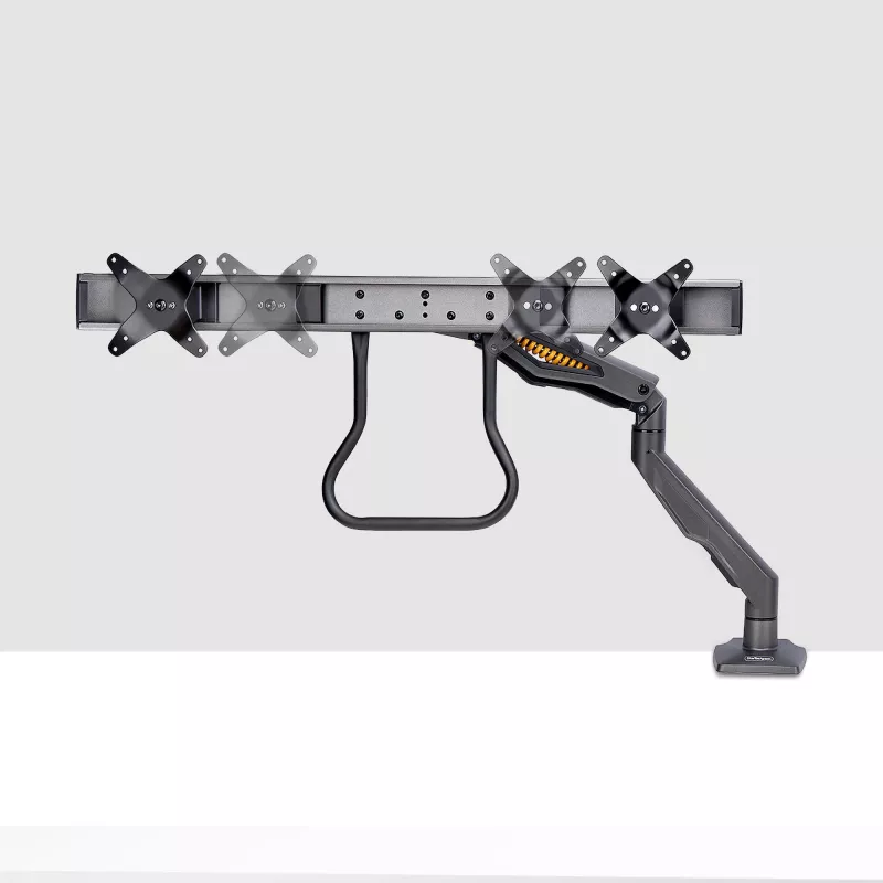 Suporte de secretária StarTech.com braço duplo para monitor com barra transversal, para ecrãs até 27 polegadas, VESA 75x75/100x100, máx. 33 lb/15 kg, aperto em C, totalmente articulado, mola mecânica, TAA