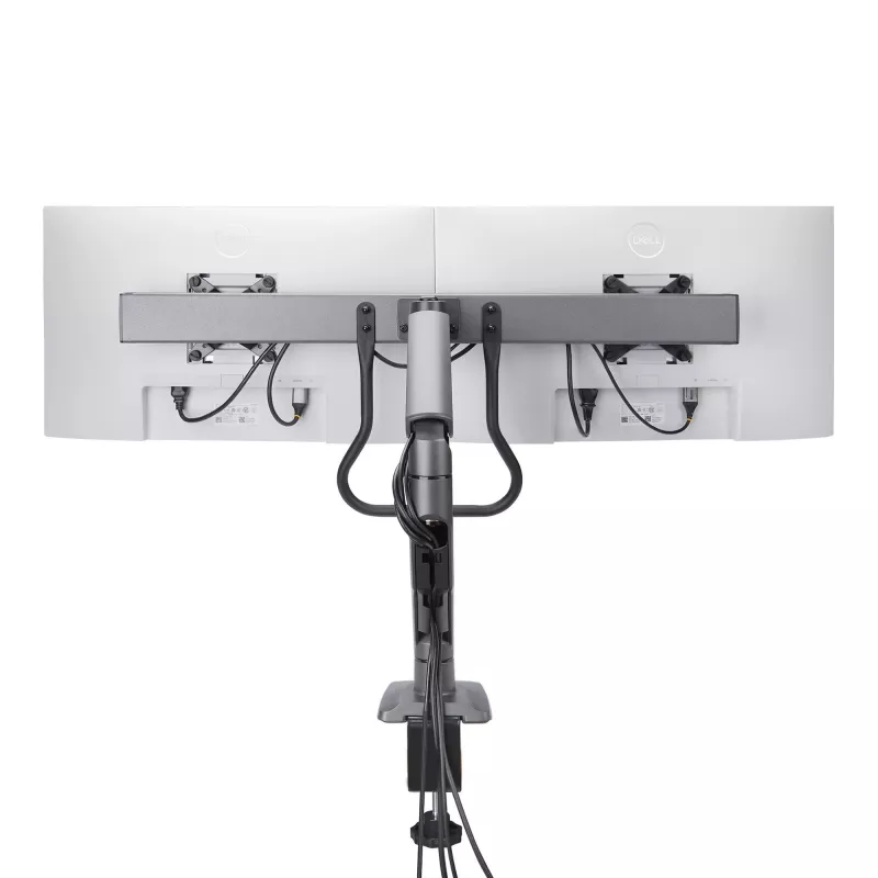 Suporte de secretária StarTech.com braço duplo para monitor com barra transversal, para ecrãs até 27 polegadas, VESA 75x75/100x100, máx. 33 lb/15 kg, aperto em C, totalmente articulado, mola mecânica, TAA