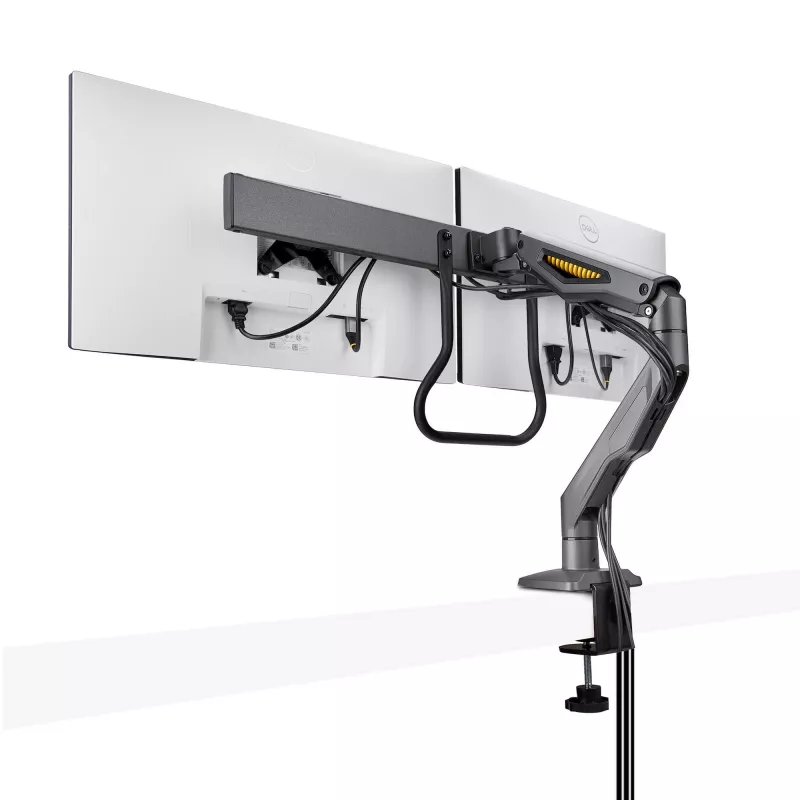 Suporte de secretária StarTech.com braço duplo para monitor com barra transversal, para ecrãs até 27 polegadas, VESA 75x75/100x100, máx. 33 lb/15 kg, aperto em C, totalmente articulado, mola mecânica, TAA