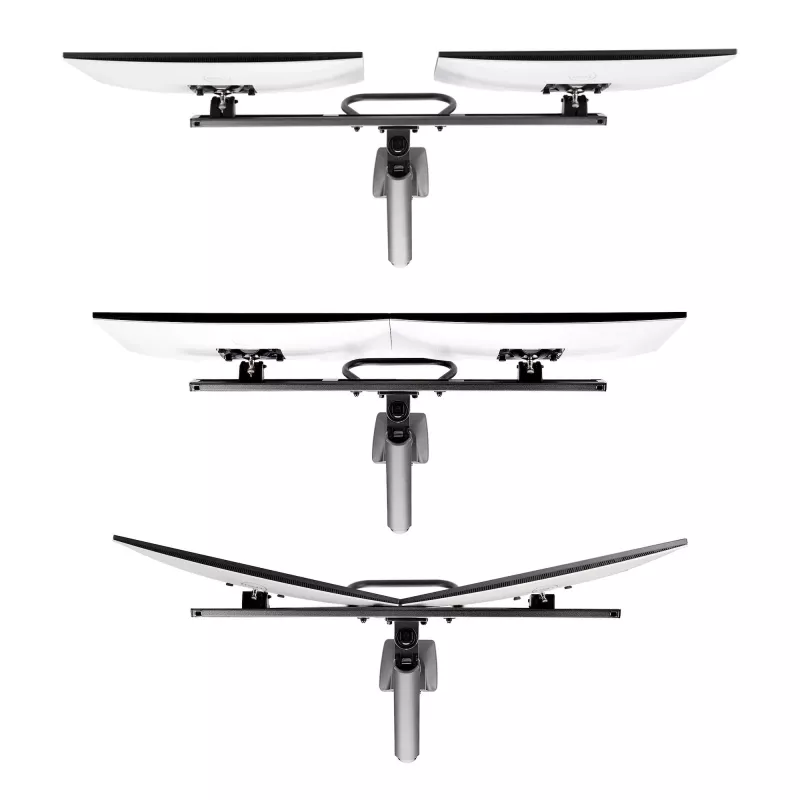 Suporte de secretária StarTech.com braço duplo para monitor com barra transversal, para ecrãs até 27 polegadas, VESA 75x75/100x100, máx. 33 lb/15 kg, aperto em C, totalmente articulado, mola mecânica, TAA