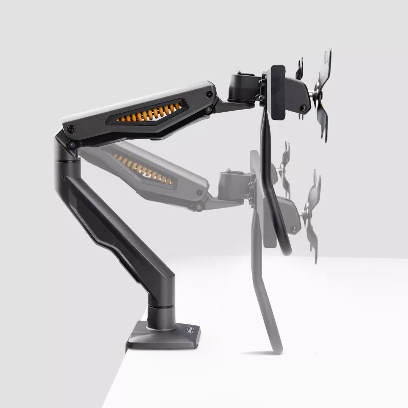 Suporte de secretária StarTech.com braço duplo para monitor com barra transversal, para ecrãs até 27 polegadas, VESA 75x75/100x100, máx. 33 lb/15 kg, aperto em C, totalmente articulado, mola mecânica, TAA