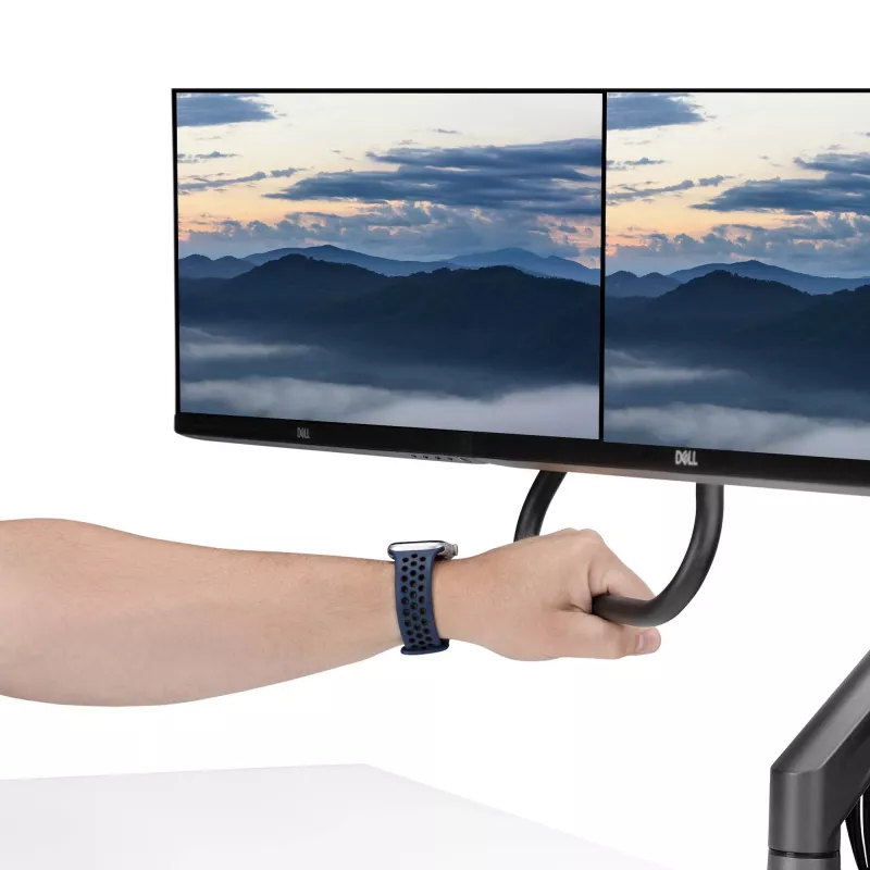 Suporte de secretária StarTech.com braço duplo para monitor com barra transversal, para ecrãs até 27 polegadas, VESA 75x75/100x100, máx. 33 lb/15 kg, aperto em C, totalmente articulado, mola mecânica, TAA