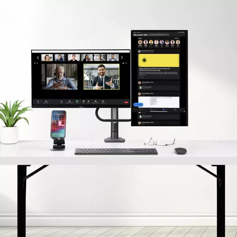Suporte de secretária StarTech.com braço duplo para monitor com barra transversal, para ecrãs até 27 polegadas, VESA 75x75/100x100, máx. 33 lb/15 kg, aperto em C, totalmente articulado, mola mecânica, TAA