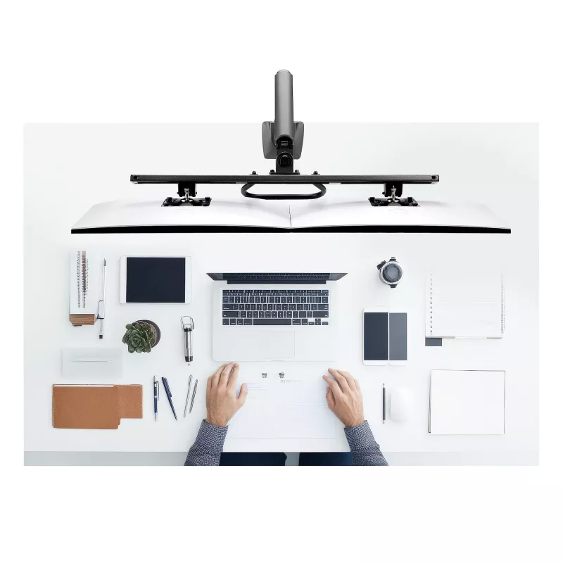Suporte de secretária StarTech.com braço duplo para monitor com barra transversal, para ecrãs até 27 polegadas, VESA 75x75/100x100, máx. 33 lb/15 kg, aperto em C, totalmente articulado, mola mecânica, TAA
