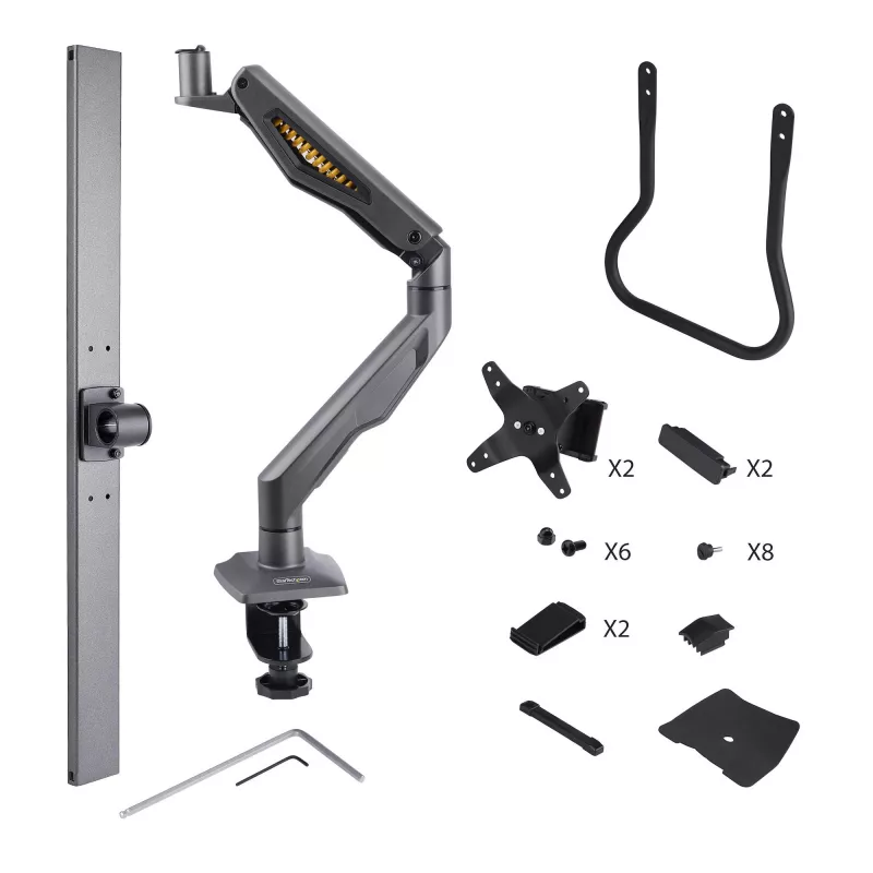 Suporte de secretária StarTech.com braço duplo para monitor com barra transversal, para ecrãs até 27 polegadas, VESA 75x75/100x100, máx. 33 lb/15 kg, aperto em C, totalmente articulado, mola mecânica, TAA