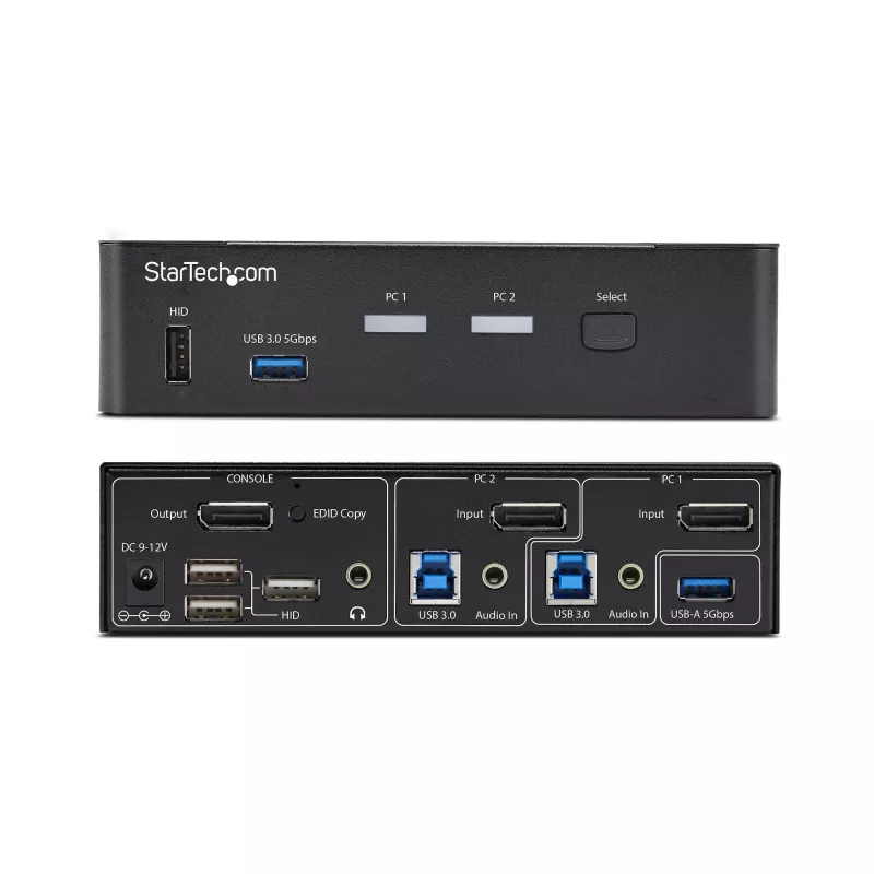 Switch KVM DisplayPort StarTech.com 2 portas, 4K 60Hz, DP 1.2, gestão EDID, hub USB 3.0 de 2 portas, 4x portas USB HID, conforme TAA